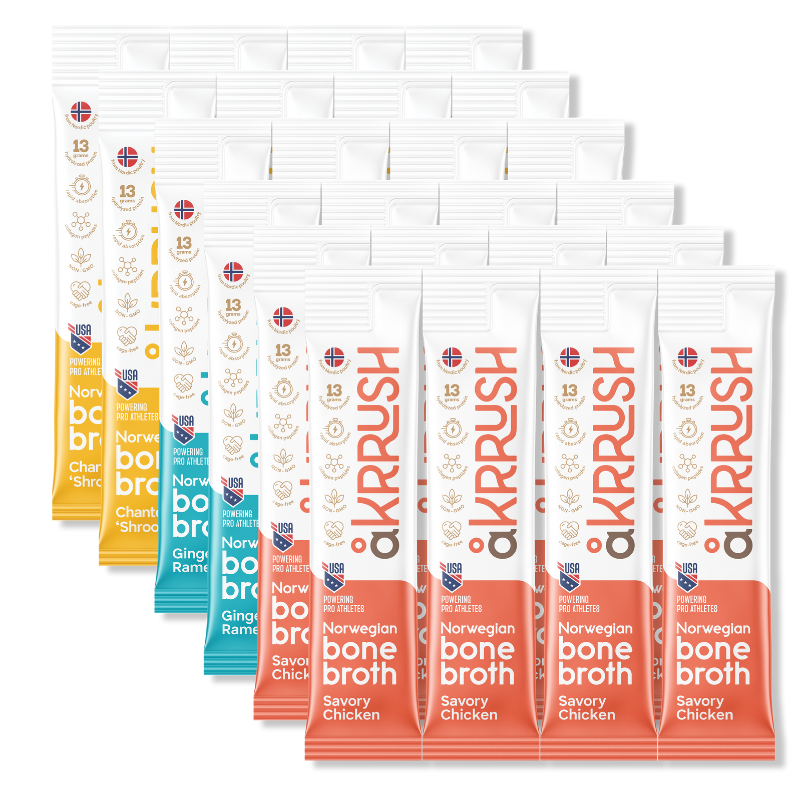 A variety pack of åKrrush bone broth sticks in three flavors: Savory Chicken, Ginger Ramen, and Chanterelle 'Shroom. Each flavor has its own color scheme on the packaging.