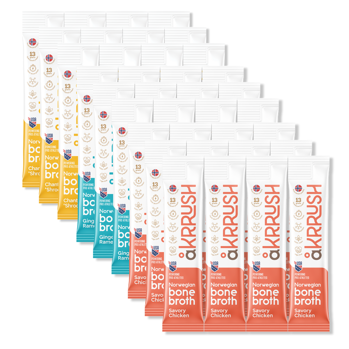 Multiple packages of aKrrush bone broth on a white background