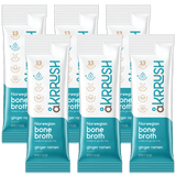 Packaging of ÅKrrush Ginger Ramen bone broth with a white and blue color scheme, indicating 13g of hydrolyzed Norwegian protein per serving.