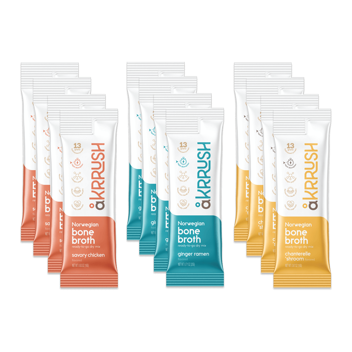A variety pack of åKrrush bone broth sticks in three flavors: Savory Chicken, Ginger Ramen, and Chanterelle 'Shroom. Each flavor has its own color scheme on the packaging.