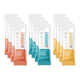 A variety pack of åKrrush bone broth sticks in three flavors: Savory Chicken, Ginger Ramen, and Chanterelle 'Shroom. Each flavor has its own color scheme on the packaging.