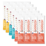 Multiple packets of aKRRUSH Norwegian bone broth on a white background