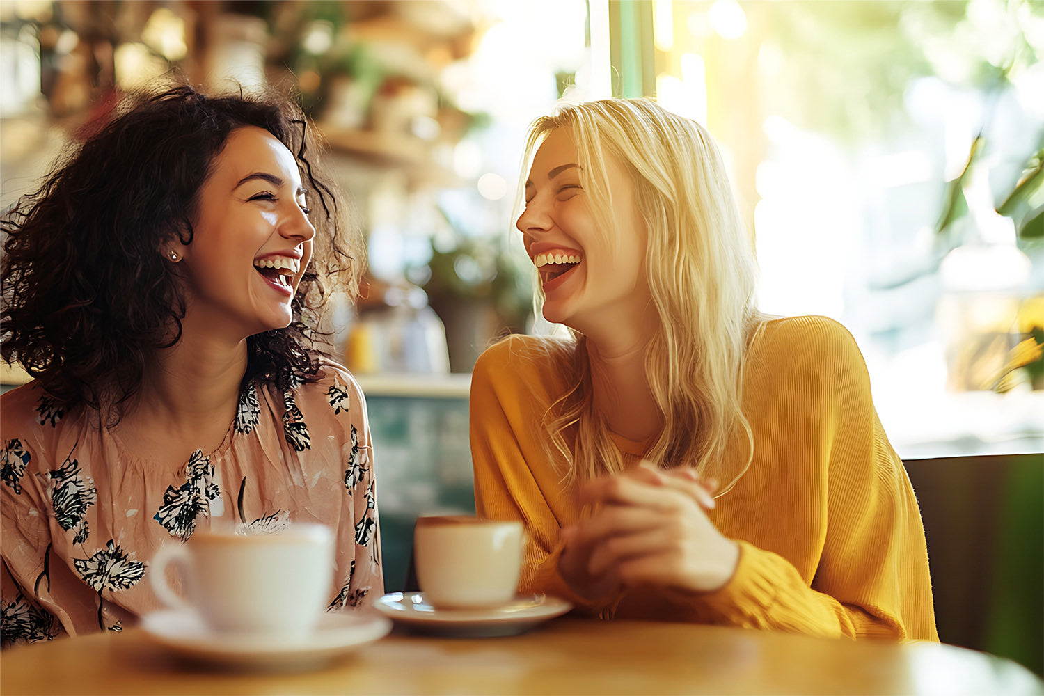 two women smiling and laughing with cups of coffee